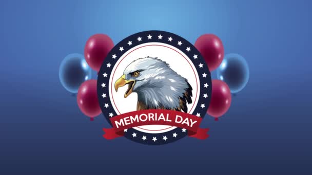 Feliz día conmemorativo con letras de águila y globos de helio — Vídeos de Stock