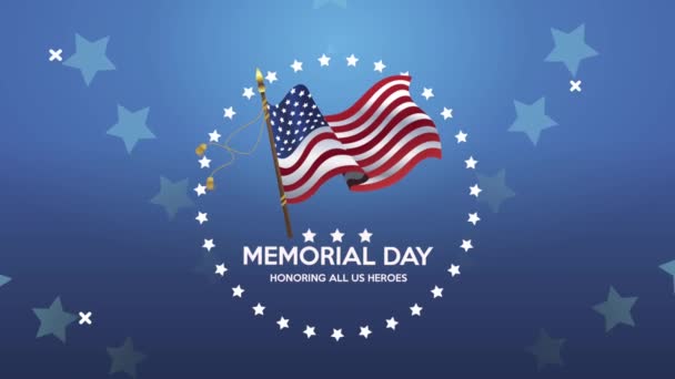 Feliz dia memorial lettering com bandeira dos EUA acenando — Vídeo de Stock