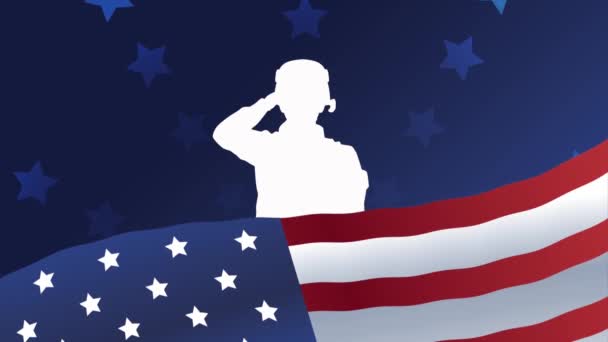 Felice giorno commemorativo soldato silhouette in bandiera degli Stati Uniti — Video Stock