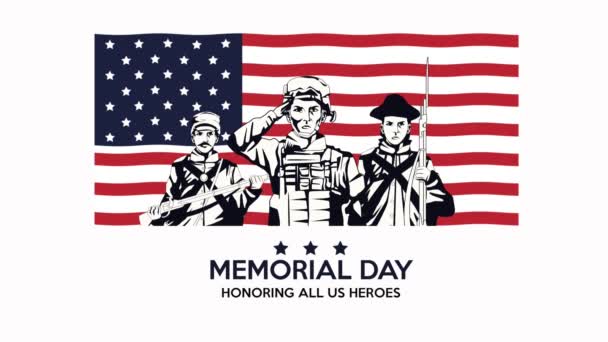 Šťastný pamětní den dopisní karta se třemi vojáky v USA vlajka — Stock video