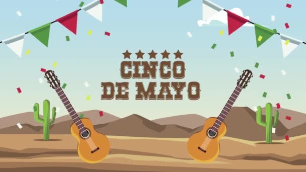 Letras cinco de mayo con guitarras y guirnaldas en el desierto — Vídeo de stock