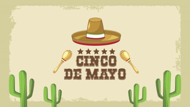 Cinco de mayo letras con maracas y sombrero de mariachi — Vídeos de Stock