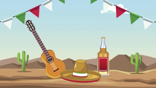 Celebración mexicana con guitarra y sombrero de mariachi — Vídeo de stock