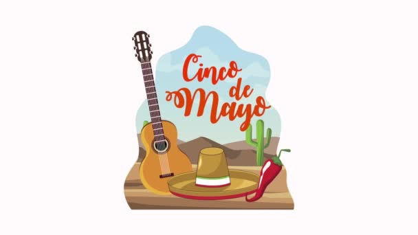 Cinco de mayo lettering con chitarra e cappello mariachi — Video Stock