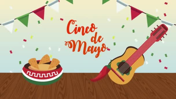 Cinco de mayo letras con guitarra y nachos — Vídeos de Stock