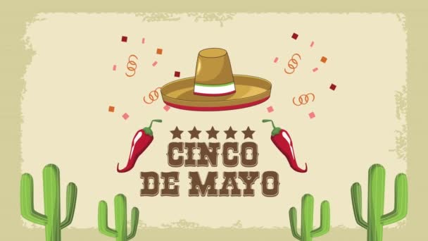 5 de mayo lettering com chapéu mariachi e pimenta — Vídeo de Stock