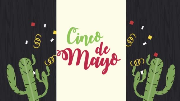 Cinco de mayo con letras de cactus y confeti — Vídeos de Stock