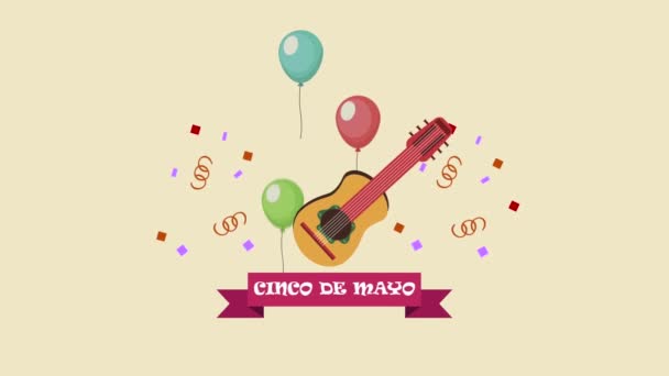 Cinco de mayo Schriftzug mit Gitarre und Luftballons Helium — Stockvideo