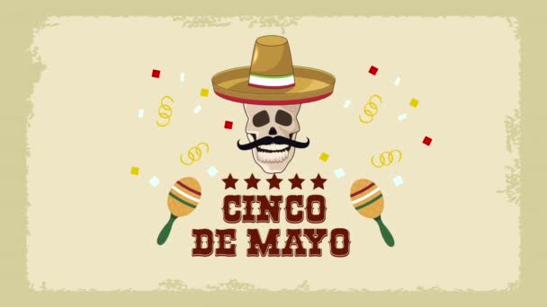 Cinco de mayo lettering con teschio mariachi — Video Stock