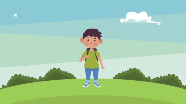キャンプキャラクターの可愛い学生少年 — ストック動画