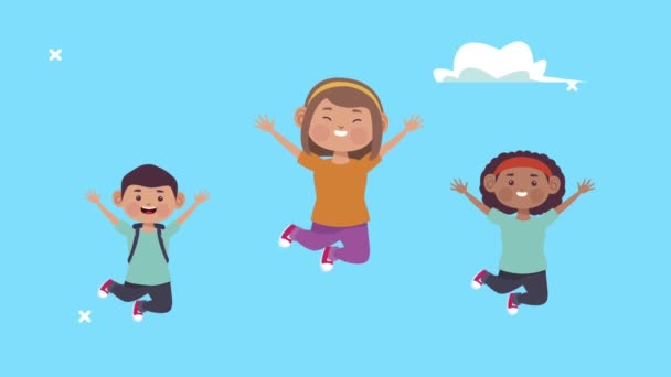Interracial students kids jumping characters — Stock Video