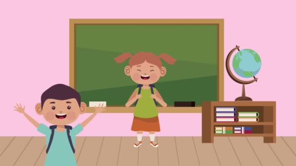 Aranyos diákok pár osztálytermi karakterek — Stock videók