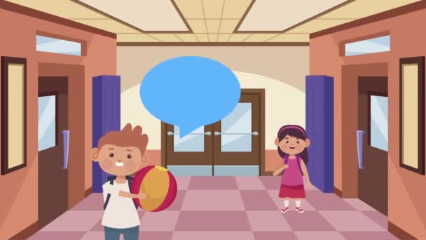 Schattig studenten paar in de school corridor personages — Stockvideo
