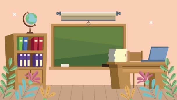 Chalkboard with supplies in classroom scene — Stock Video