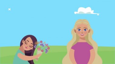 Anne karakterlere çiçek veren kız.