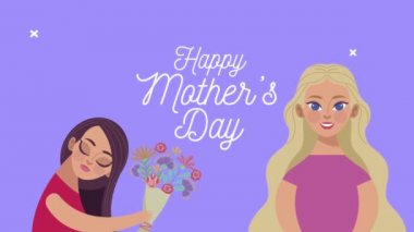 Mutlu anneler günü mektupları. Kızları anneme çiçek buketi veriyor.