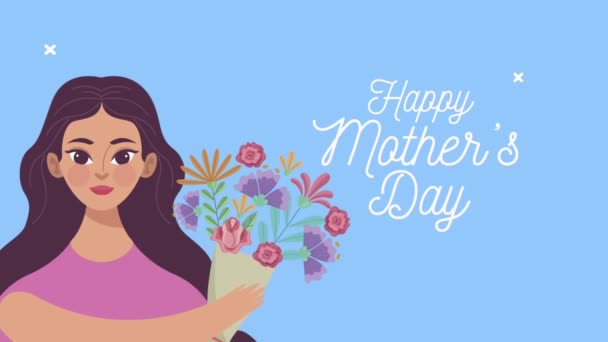 Feliz día de las madres letras con mamá y flores ramo — Vídeos de Stock