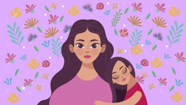 Cute mother and daughter with flowers pattern — Stock Video