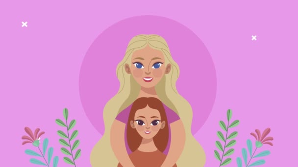 Cute mother and daughter characters with floral decoration — Stock Video