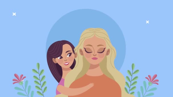 Aranyos anya és lánya virágos kert karakterek — Stock videók