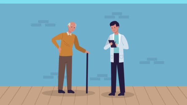 Anciano anciano con personajes médicos — Vídeo de stock