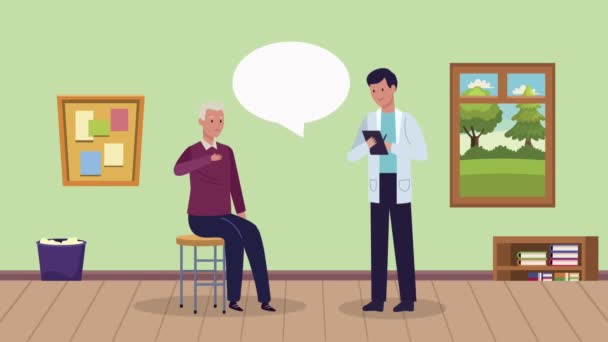 Starzec w podeszłym wieku siedzący z lekarzem — Wideo stockowe