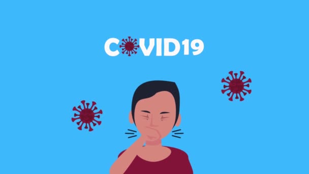 Homem doente com tosse seca e partículas de covid19 — Vídeo de Stock
