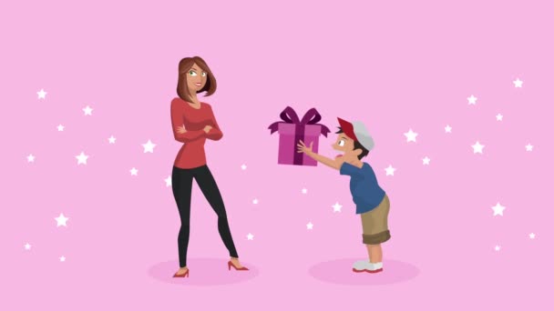 Gelukkig moeders dag kaart met zoon geven geschenk — Stockvideo