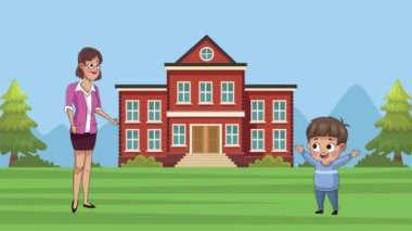 Okul sahnesinde okul çocuğuyla güzel bir bayan öğretmen.