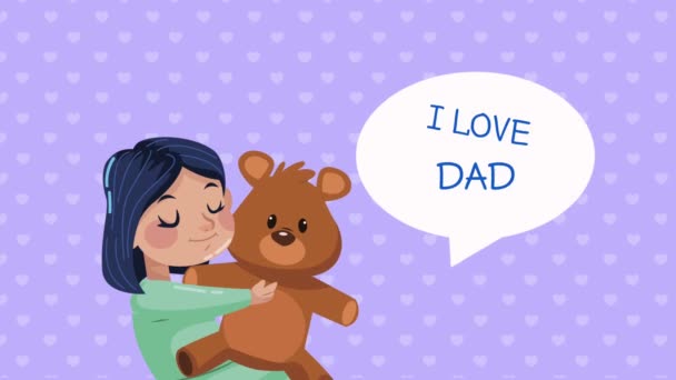 Я люблю папу, который сидит в пузыре с девочкой, поднимающей плюшевого медведя — стоковое видео