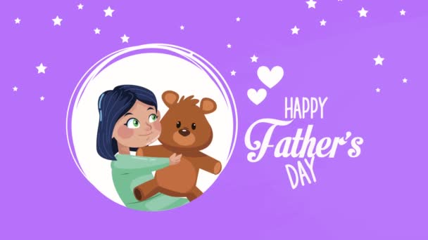 Happy fathers day lettering with girl and bear teddy — Stock Video