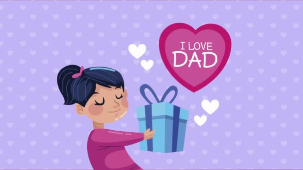 I love dad lettering in heart with girl lifting gift — Stock Video