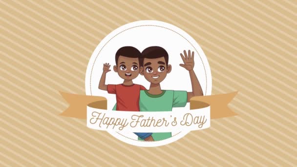 Happy fathers day lettering in ribbon with afro dad and son — Stock Video