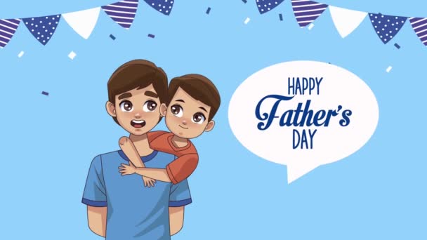 Feliz dia pais lettering em bolha de fala com pai e filho — Vídeo de Stock