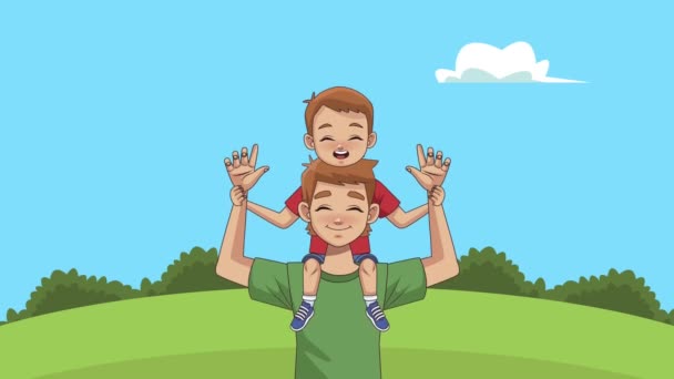 Папа и сын в поле персонажи — стоковое видео