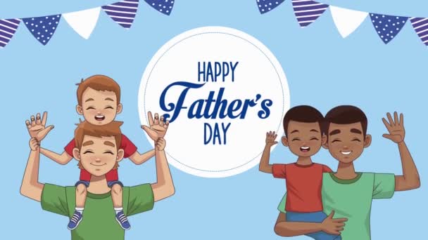 Happy fathers day lettering with interracial dads and sons — Stock Video