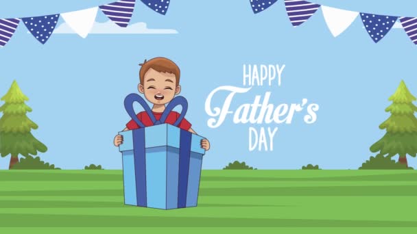Šťastný otců den nápis s chlapcem v přítomnosti v táboře — Stock video