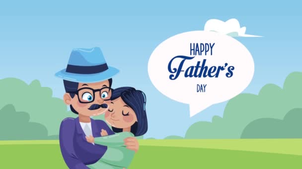 Glada fäder dag bokstäver med pappa och dotter i lägret — Stockvideo