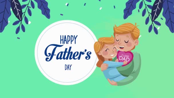Šťastný otců den nápis s otcem a dcerou v zahradě — Stock video