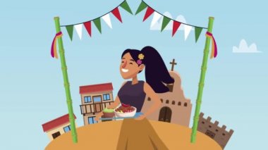 Tepsisinde yemek olan Meksikalı kadın.