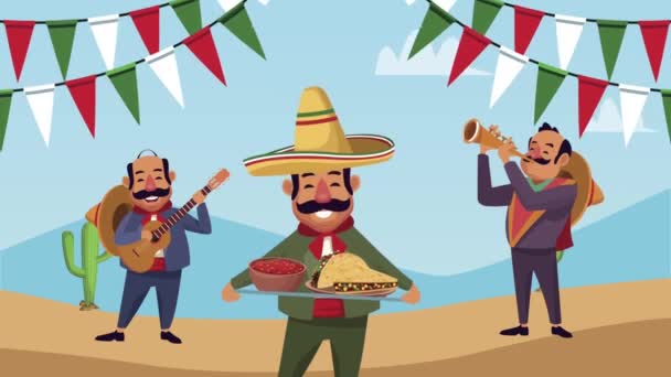 Mariachis mexicano com caracteres alimentares — Vídeo de Stock