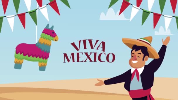 Viva mexico lettering with mariachi and pinata — Stock Video