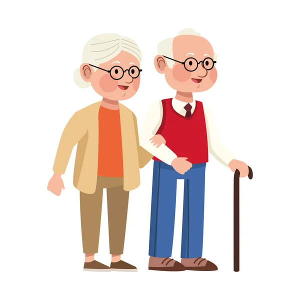 Abuelos pareja con bastón — Vector de stock