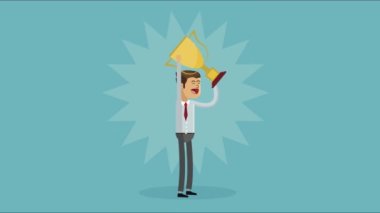 İş adamı ödül kupasıyla kutlama yapıyor