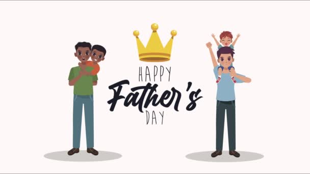 Ευτυχισμένη ημέρα πατεράδες επιστολόχαρτη κάρτα με διαφυλετικούς μπαμπάδες και γιους — Αρχείο Βίντεο