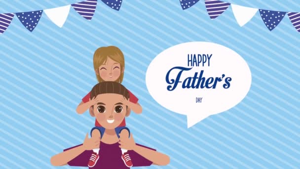 Happy fathers day lettering card with daddy charging daughter — Stock Video