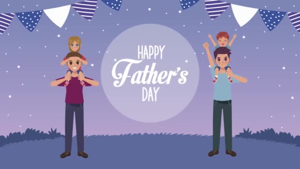 Happy father day lettering card with daddies charging kids — Stok Video