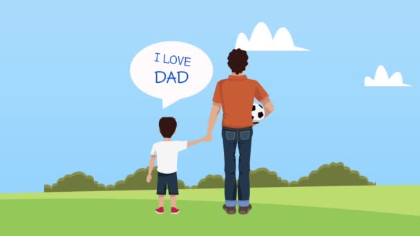 幸せな父親の日のレタリングカード父と息子がサッカーをして — ストック動画