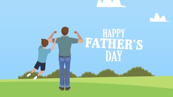 Glada fäder dag bokstäver kort med pappa och son spelar — Stockvideo