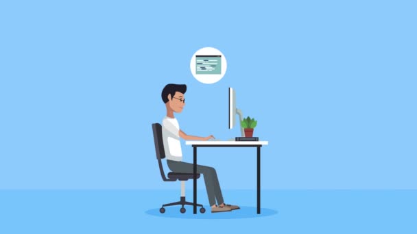 Jeune homme utilisant un bureau avec des icônes d'affaires — Video
